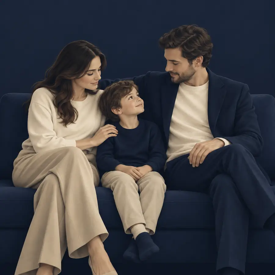 Família reunida num sofá, em tons de azul-marinho e creme